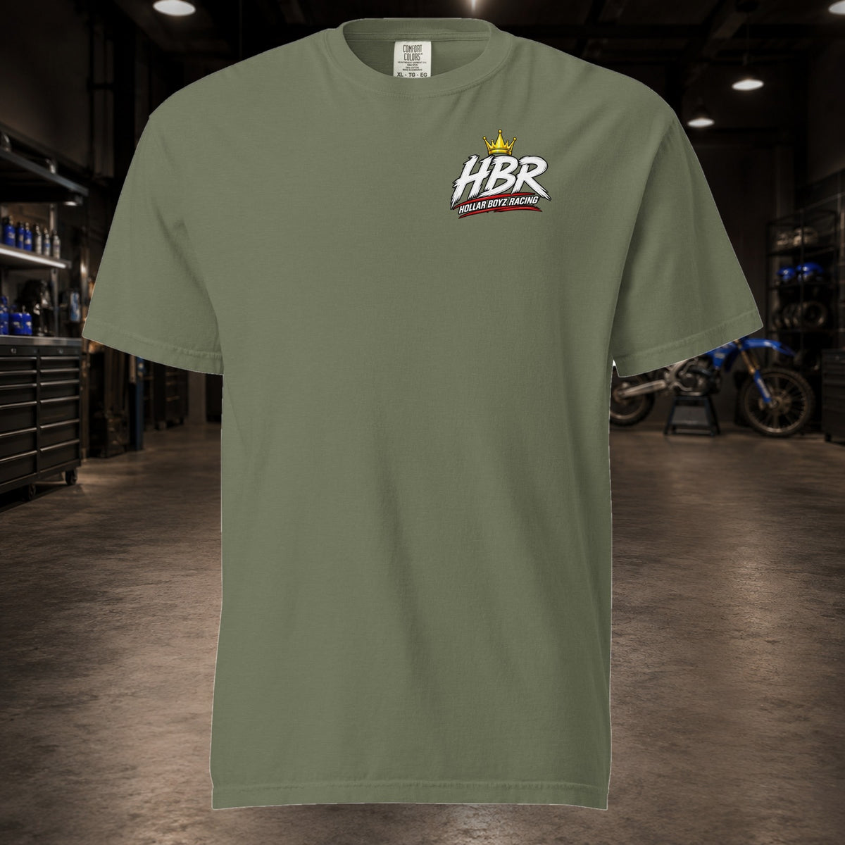 HBR HOLLAR BUILT — Quiet Crown Heavyweight Tee — realistic HBR garage product view