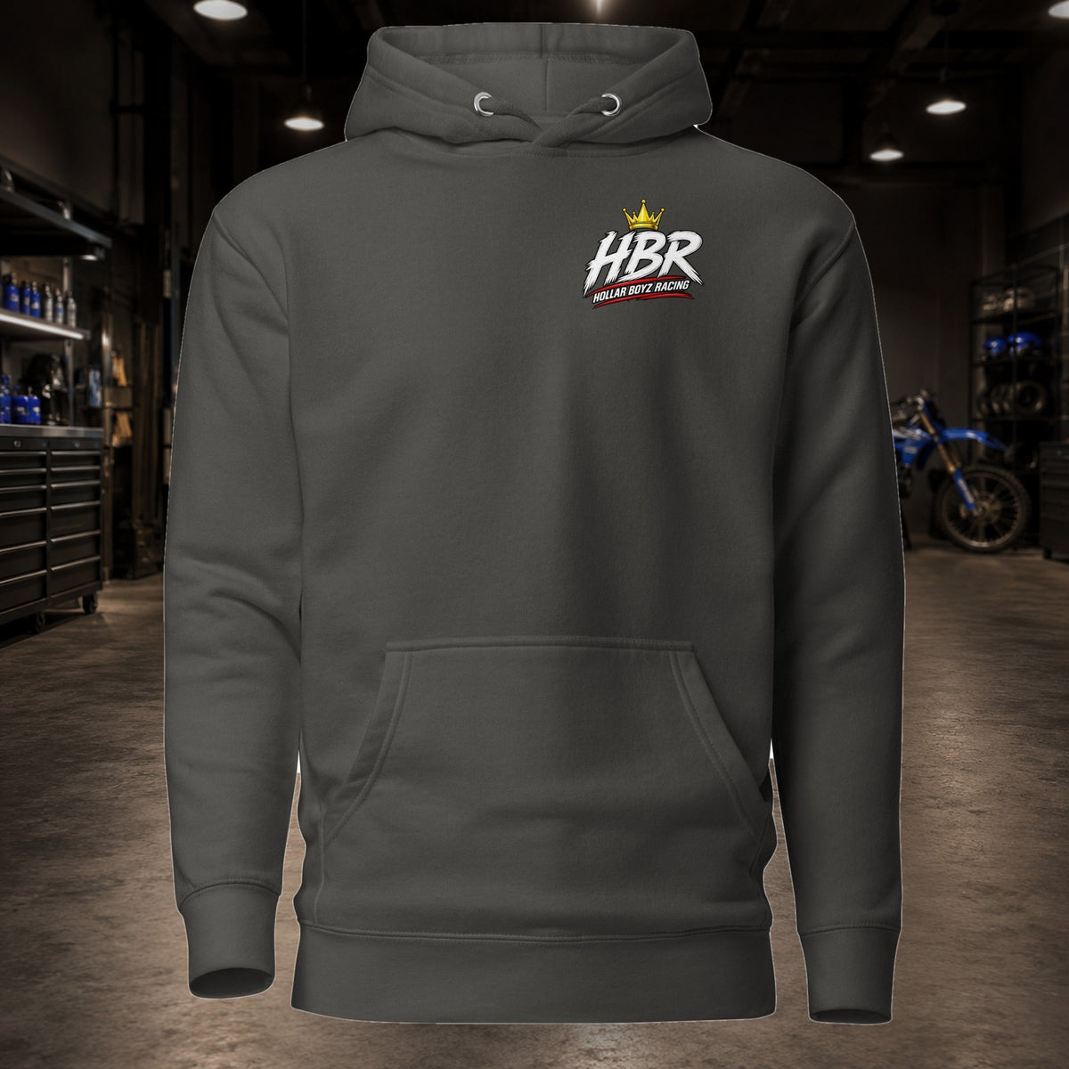 HBR HOLE SHOT — Moto Front Hoodie — realistic HBR garage product view
