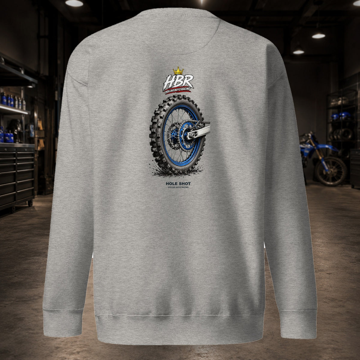 HBR HOLE SHOT — Knobby Crewneck — realistic HBR garage product view