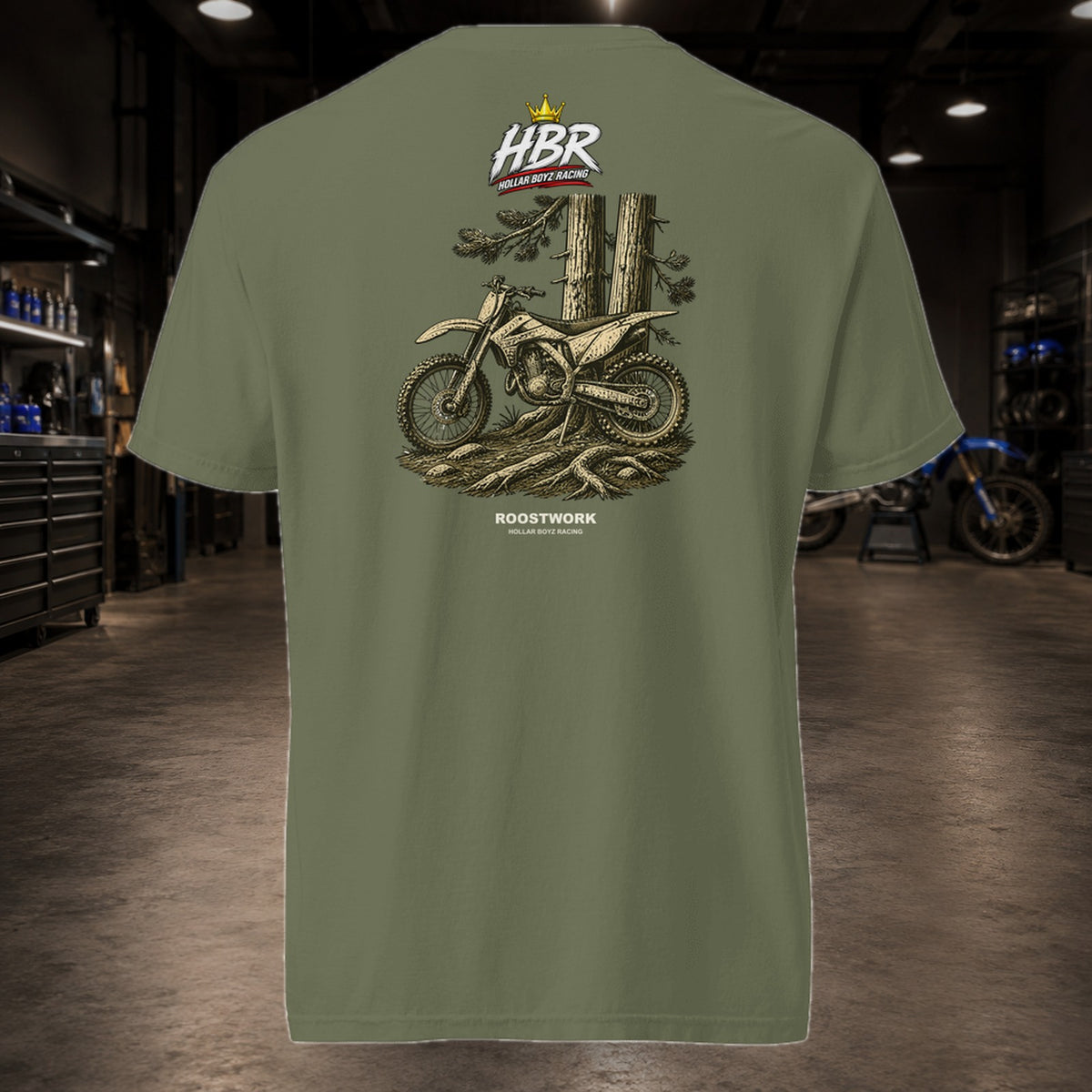 HBR ROOSTWORK — Pine Cut Heavyweight Tee — realistic HBR garage product view