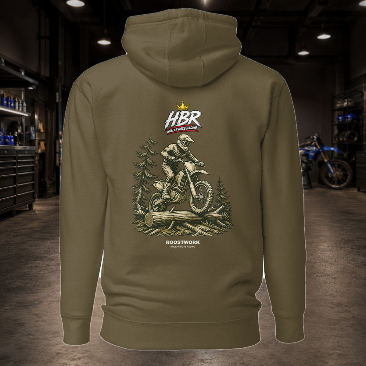 HBR ROOSTWORK — Root Line Hoodie — realistic HBR garage product view