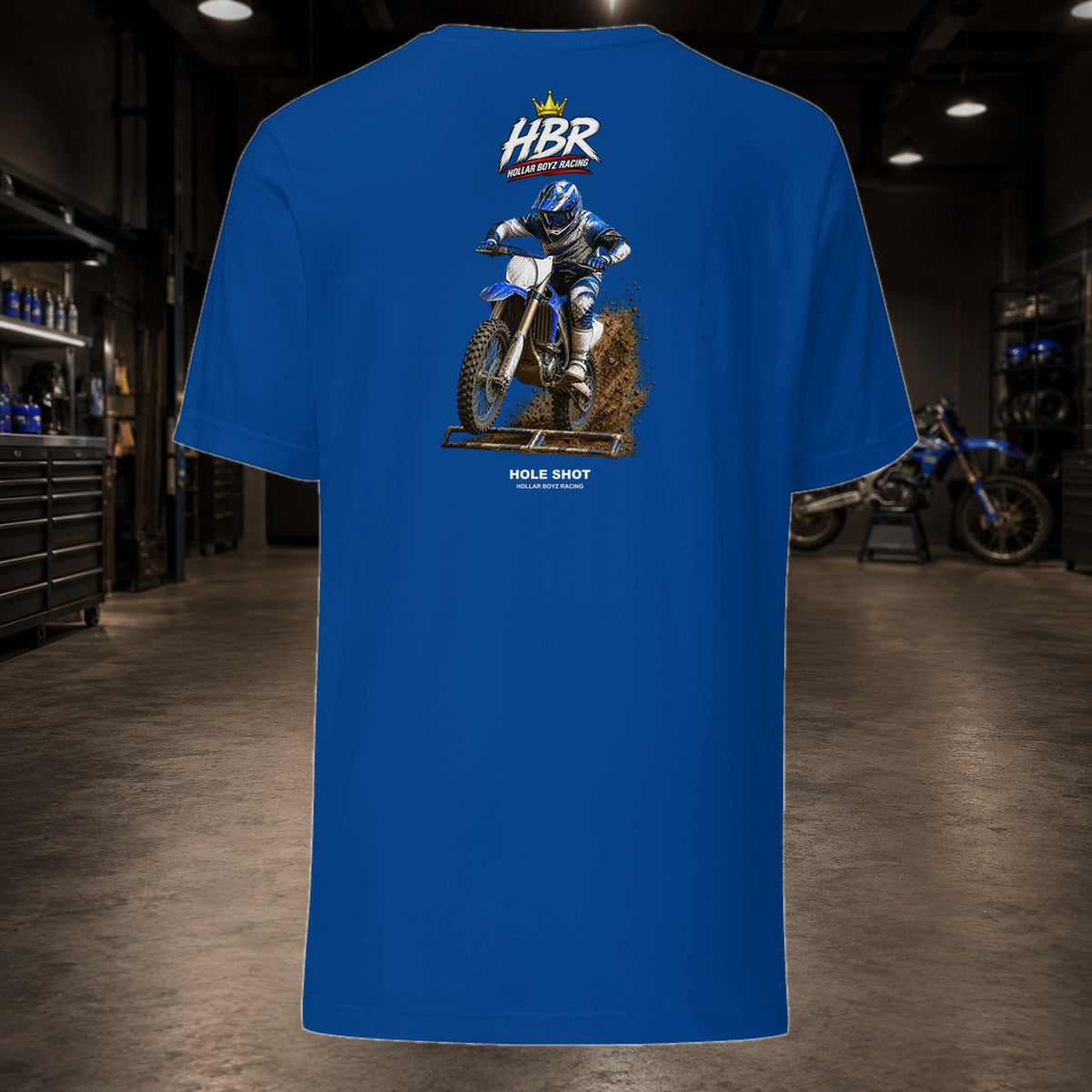 HBR HOLE SHOT — Gate Drop Tee — realistic HBR garage product view