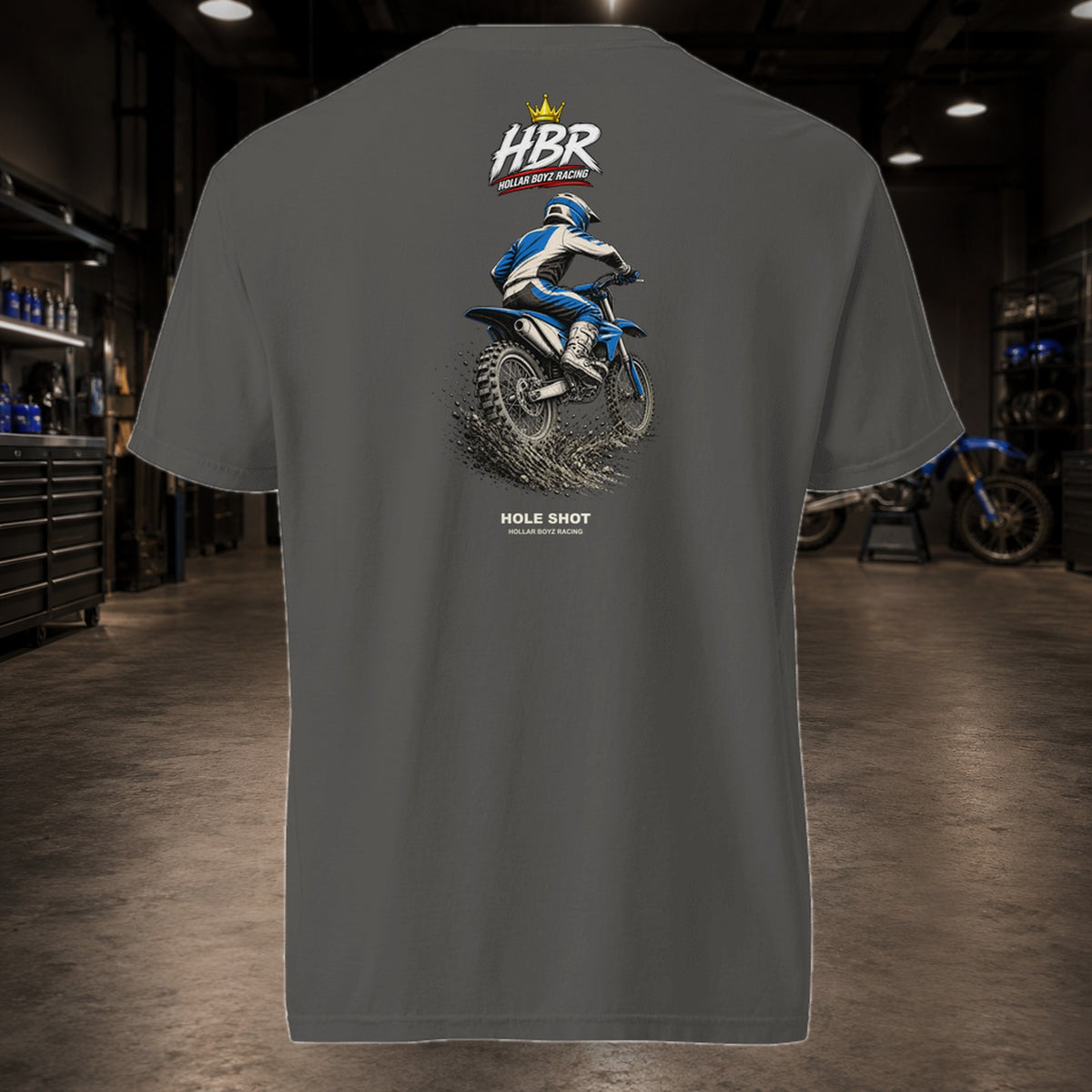 HBR HOLE SHOT — Roost Line Heavyweight Tee — realistic HBR garage product view