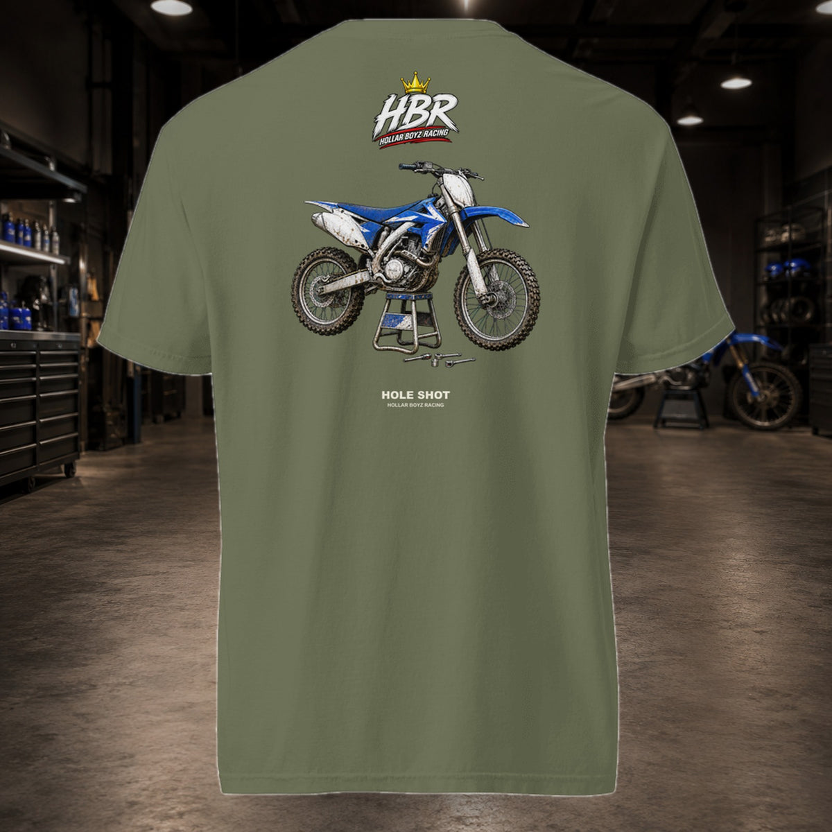 HBR HOLE SHOT — Garage Hours Heavyweight Tee — realistic HBR garage product view