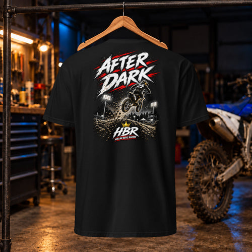 HBR After Dark Tee — black back, approved artwork; garage product mockup