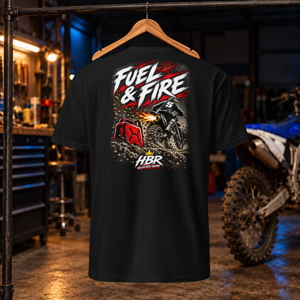 HBR Fuel & Fire Tee — black back, approved artwork; garage product mockup