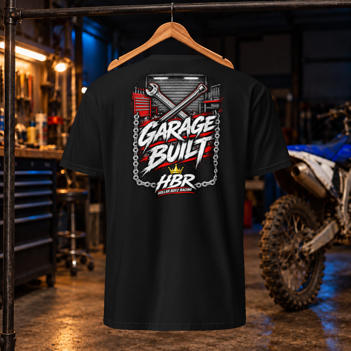 HBR Garage Built Tee — black back, approved artwork; garage product mockup