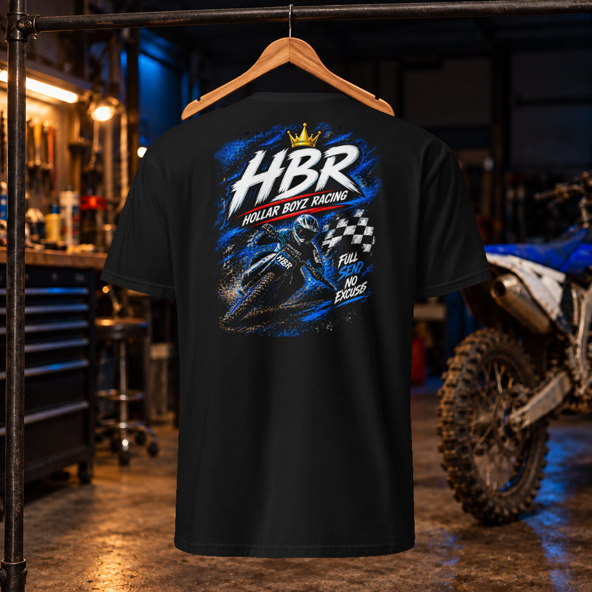 Hollar Built Graphic Black tee — back; approved original artwork, garage product mockup