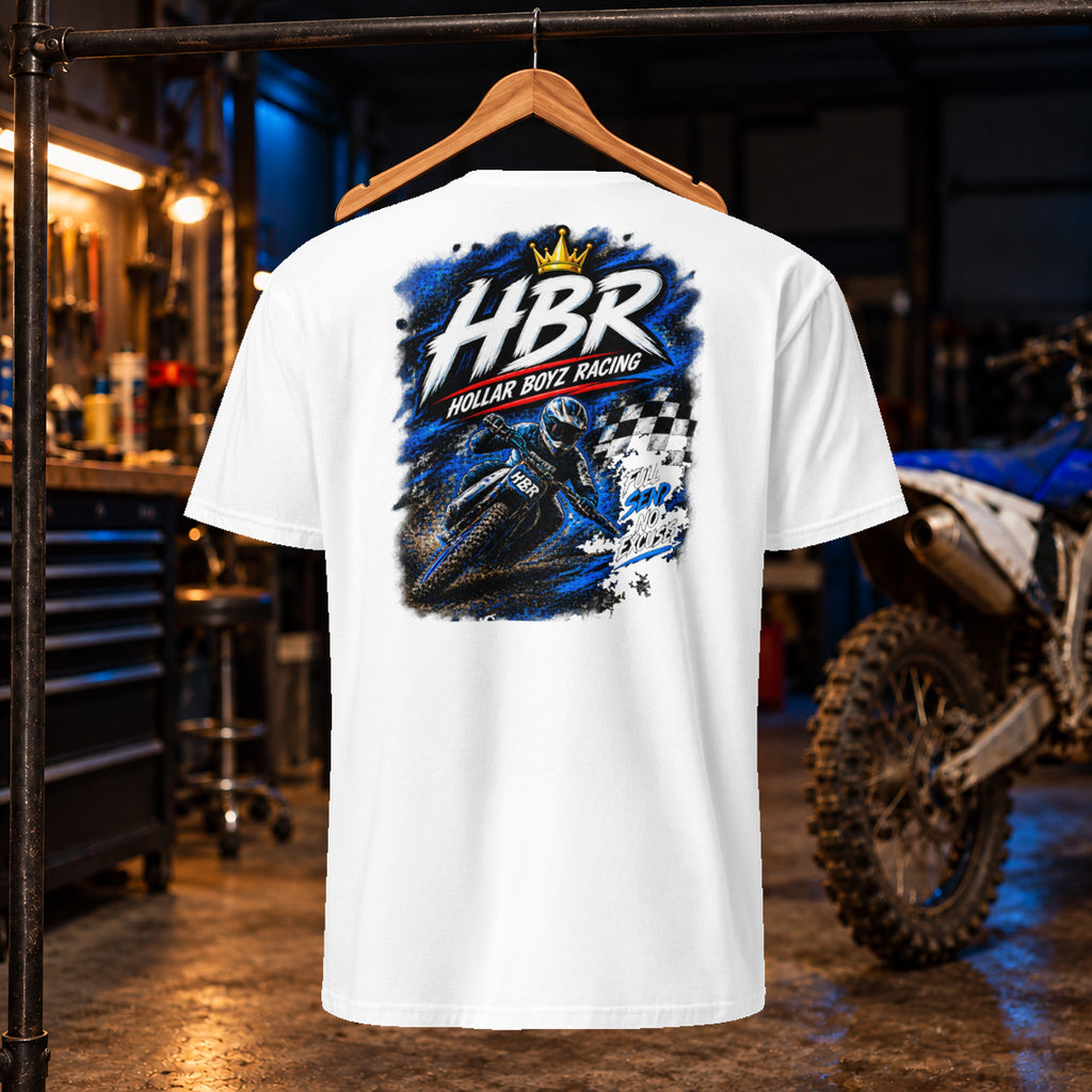 Hollar Built Graphic White tee — back; approved original artwork, garage product mockup