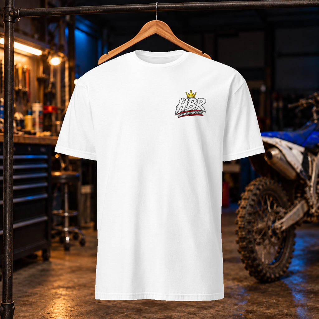 Hollar Built Graphic White tee — front; approved original artwork, garage product mockup
