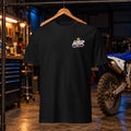 HBR Gildan 64000 tee — black front, approved crown left-chest logo; garage product mockup