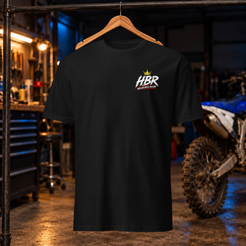 HBR Gildan 64000 tee — black front, approved crown left-chest logo; garage product mockup