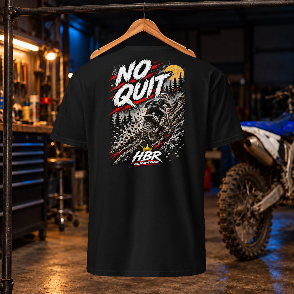 HBR No Quit Tee — black back, approved artwork; garage product mockup