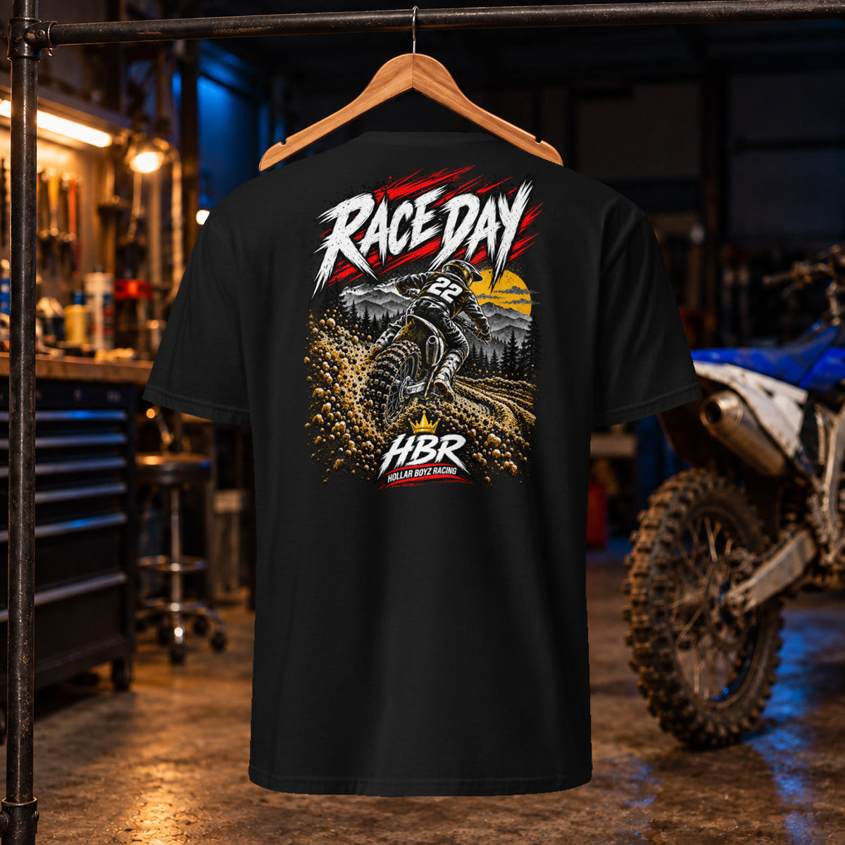 HBR Race Day Tee — black back, approved artwork; garage product mockup