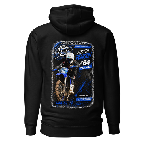 HBR Austin Pearson 64 Black Rider Hoodie — standard digital mockup of approved higher back print; not a physical sample