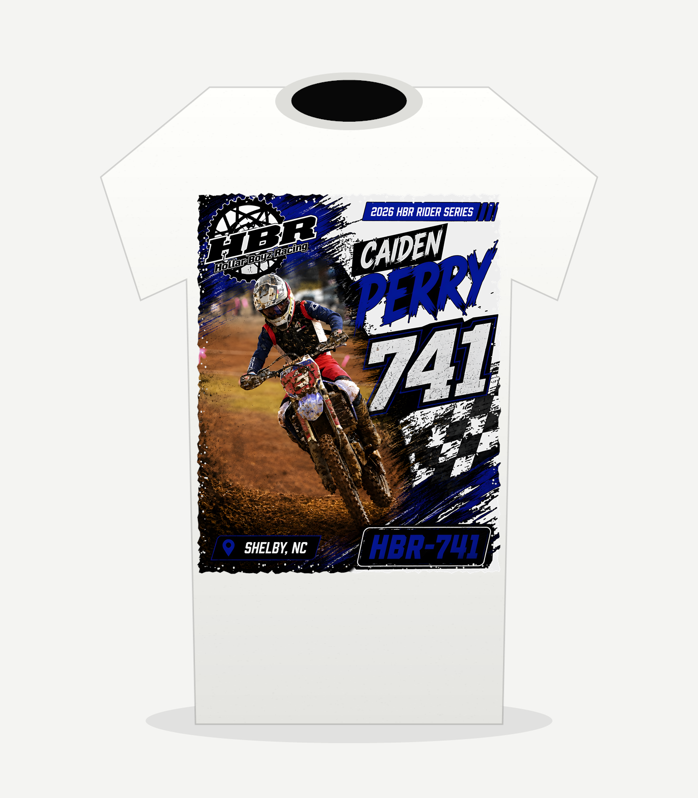 HBR CaidenPerry741 white shirt back — approved V7 light-background artwork; illustrative placement preview