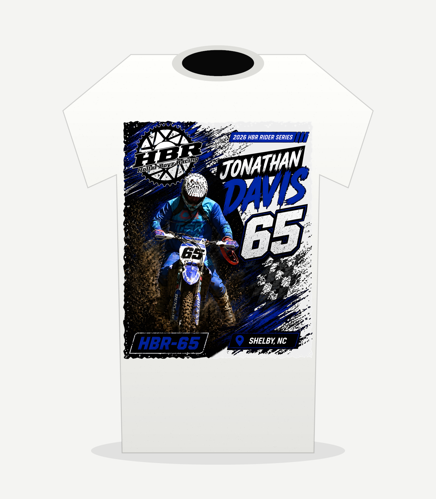 HBR JonathanDavis65 white shirt back — approved V7 light-background artwork; illustrative placement preview