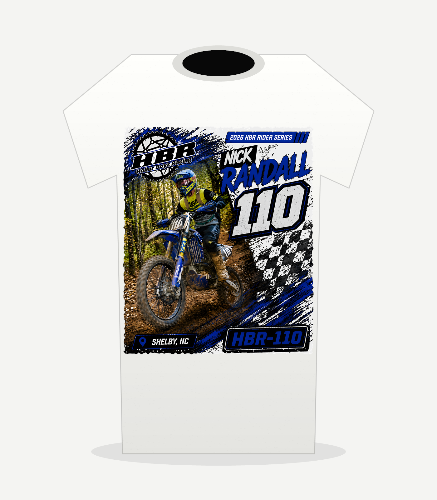 HBR NickRandall110 white shirt back — approved V7 light-background artwork; illustrative placement preview