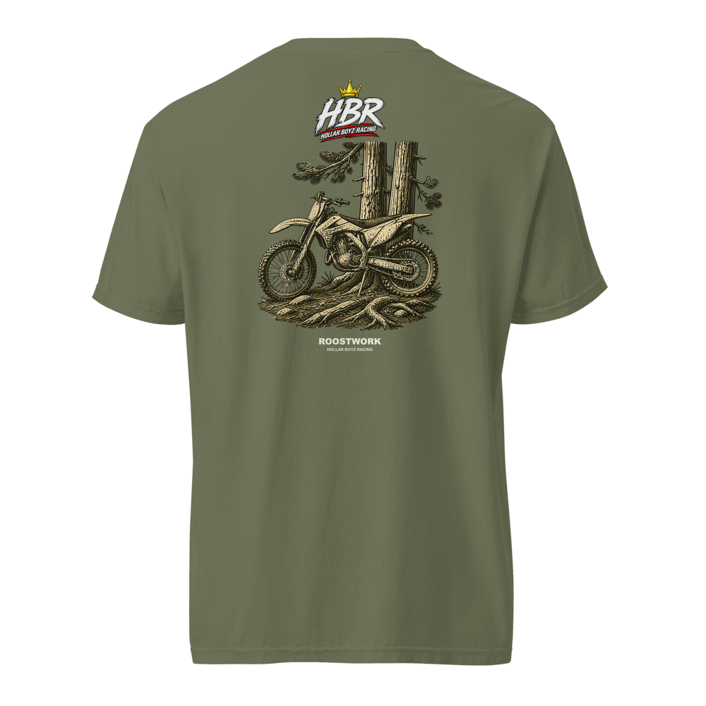 HBR ROOSTWORK — Pine Cut Heavyweight Tee — Moss, back view
