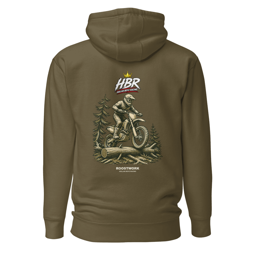 HBR ROOSTWORK — Root Line Hoodie — Military Green, back view