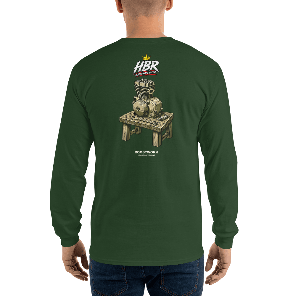 HBR ROOSTWORK Bench Built long sleeve — Forest Green Back, digital mockup
