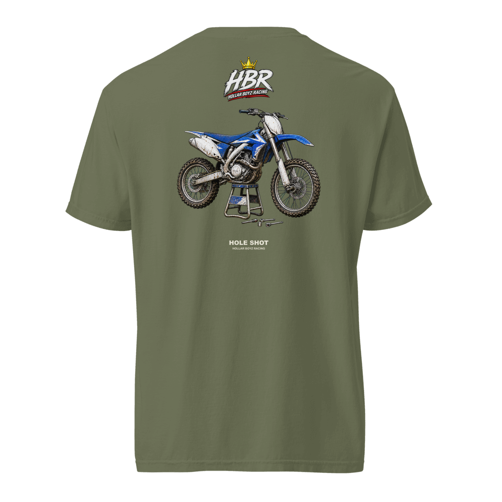 HBR HOLE SHOT — Garage Hours Heavyweight Tee — Moss, back view