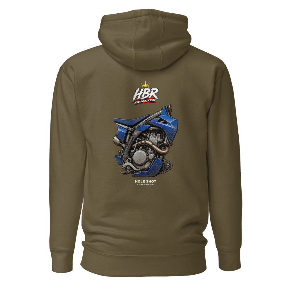 HBR HOLE SHOT — Shop Crew Hoodie — Military Green, back view