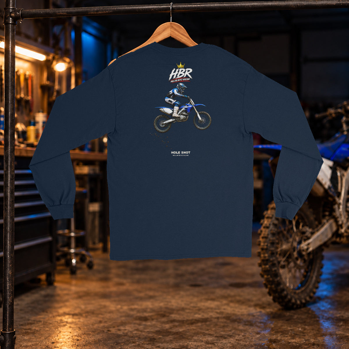 HBR Air Time Long Sleeve — Navy back — original artwork on Gildan 2400 in HBR garage