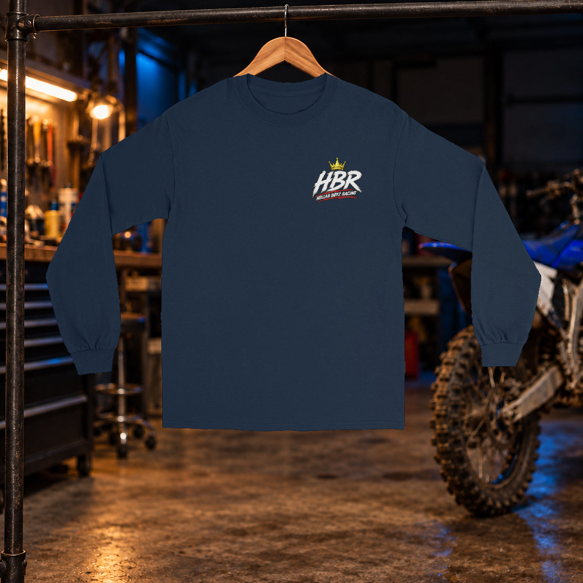 HBR Air Time Long Sleeve — Navy front — original artwork on Gildan 2400 in HBR garage