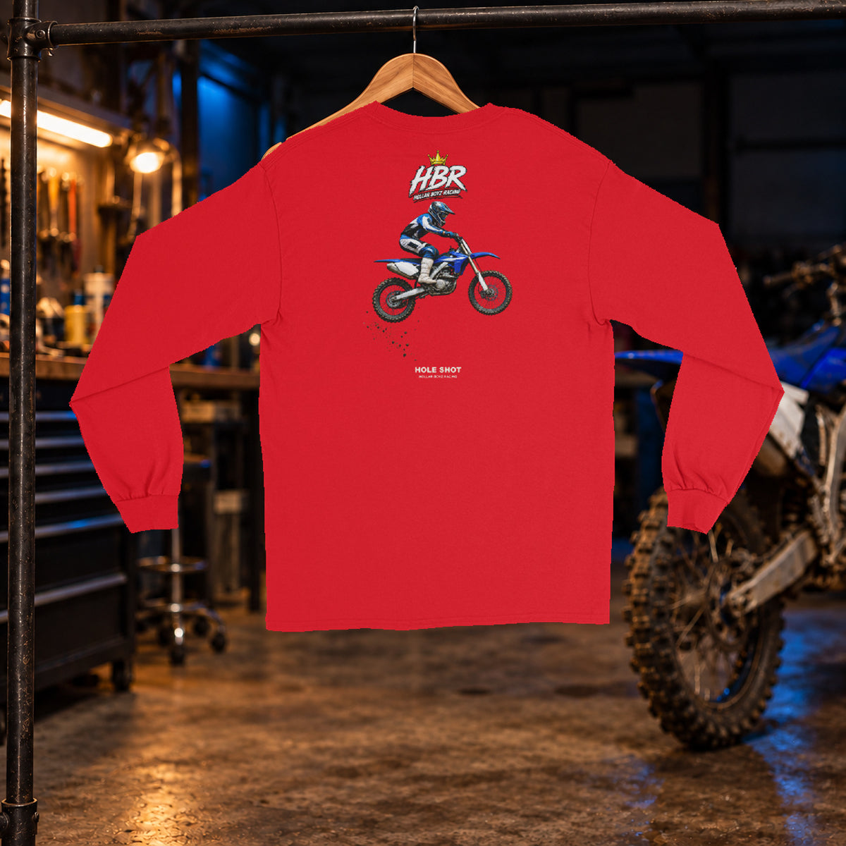 HBR Air Time Long Sleeve — Red back — original artwork on Gildan 2400 in HBR garage