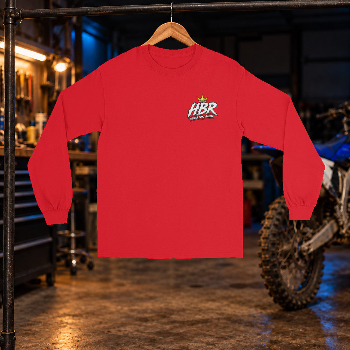 HBR Air Time Long Sleeve — Red front — original artwork on Gildan 2400 in HBR garage