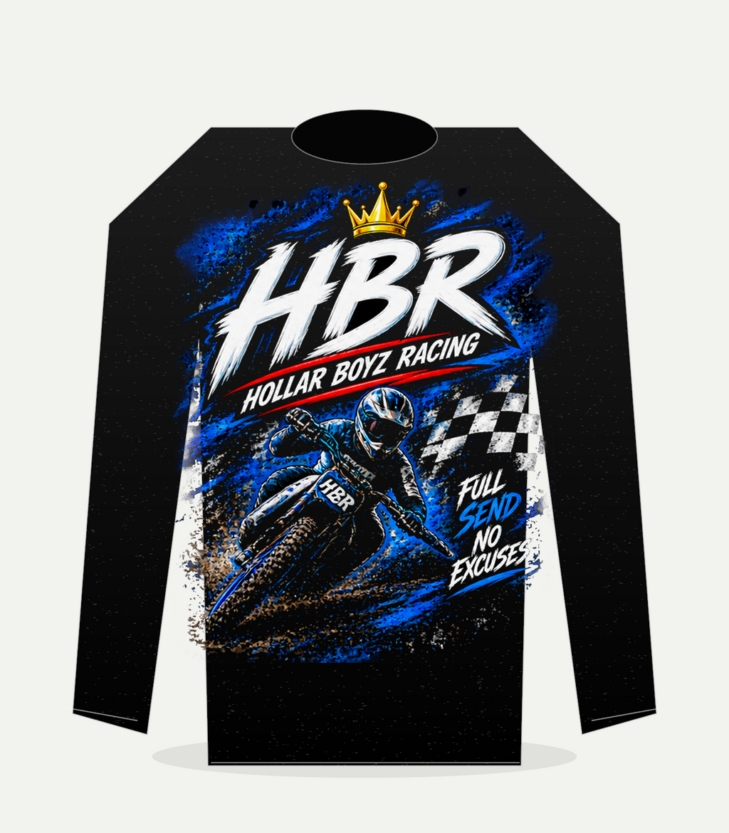 Back view of black HBR premium crewneck with full Hollar Boyz Racing graphic