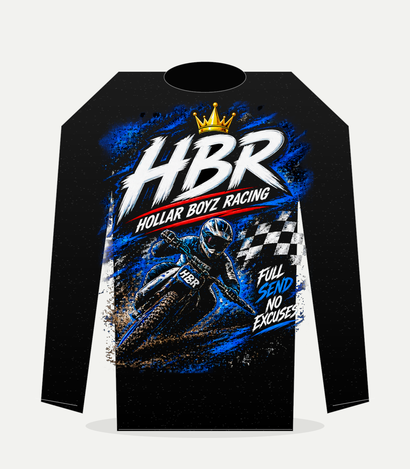 Back view of black HBR premium crewneck with full Hollar Boyz Racing graphic