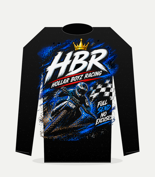 Back view of black HBR premium crewneck with full Hollar Boyz Racing graphic
