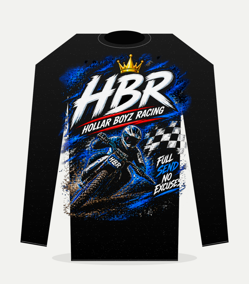 Back view of black HBR long-sleeve shirt with full Hollar Boyz Racing graphic
