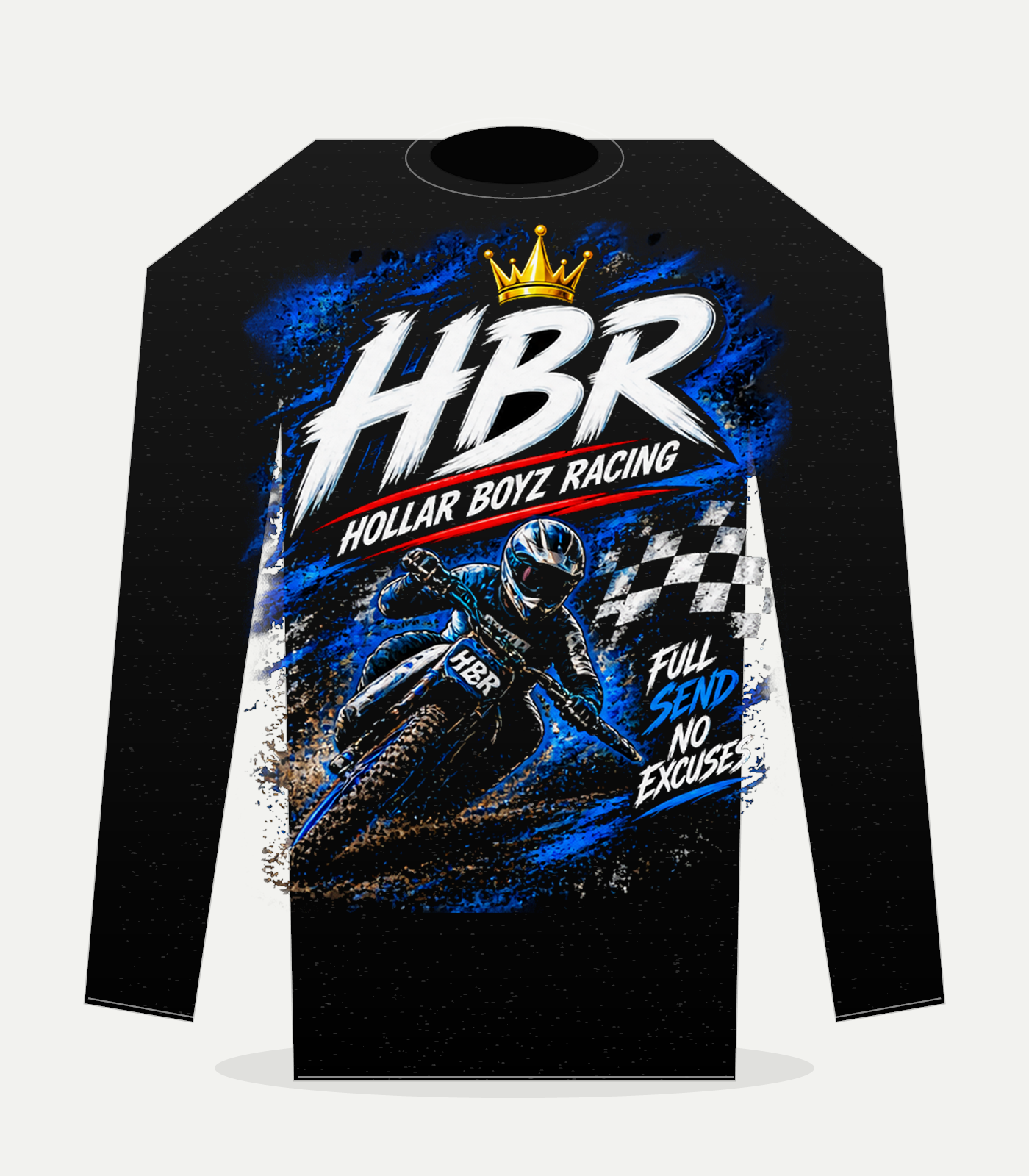 Back view of black HBR long-sleeve shirt with full Hollar Boyz Racing graphic
