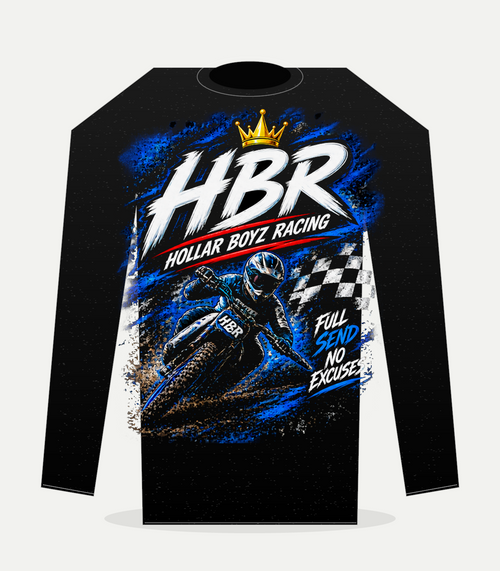 Back view of black HBR long-sleeve shirt with full Hollar Boyz Racing graphic
