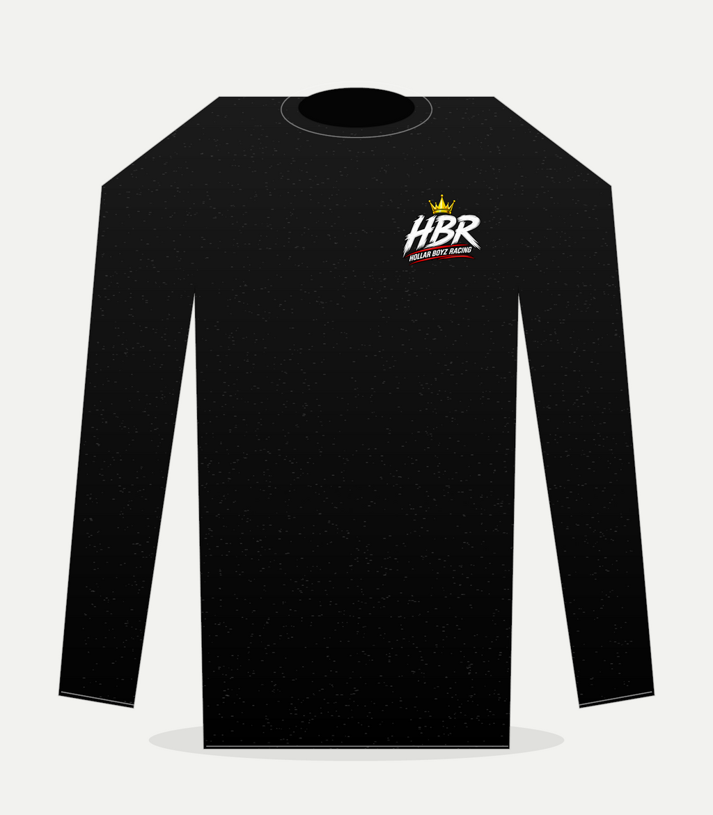 Front view of black HBR long-sleeve shirt with left-chest logo