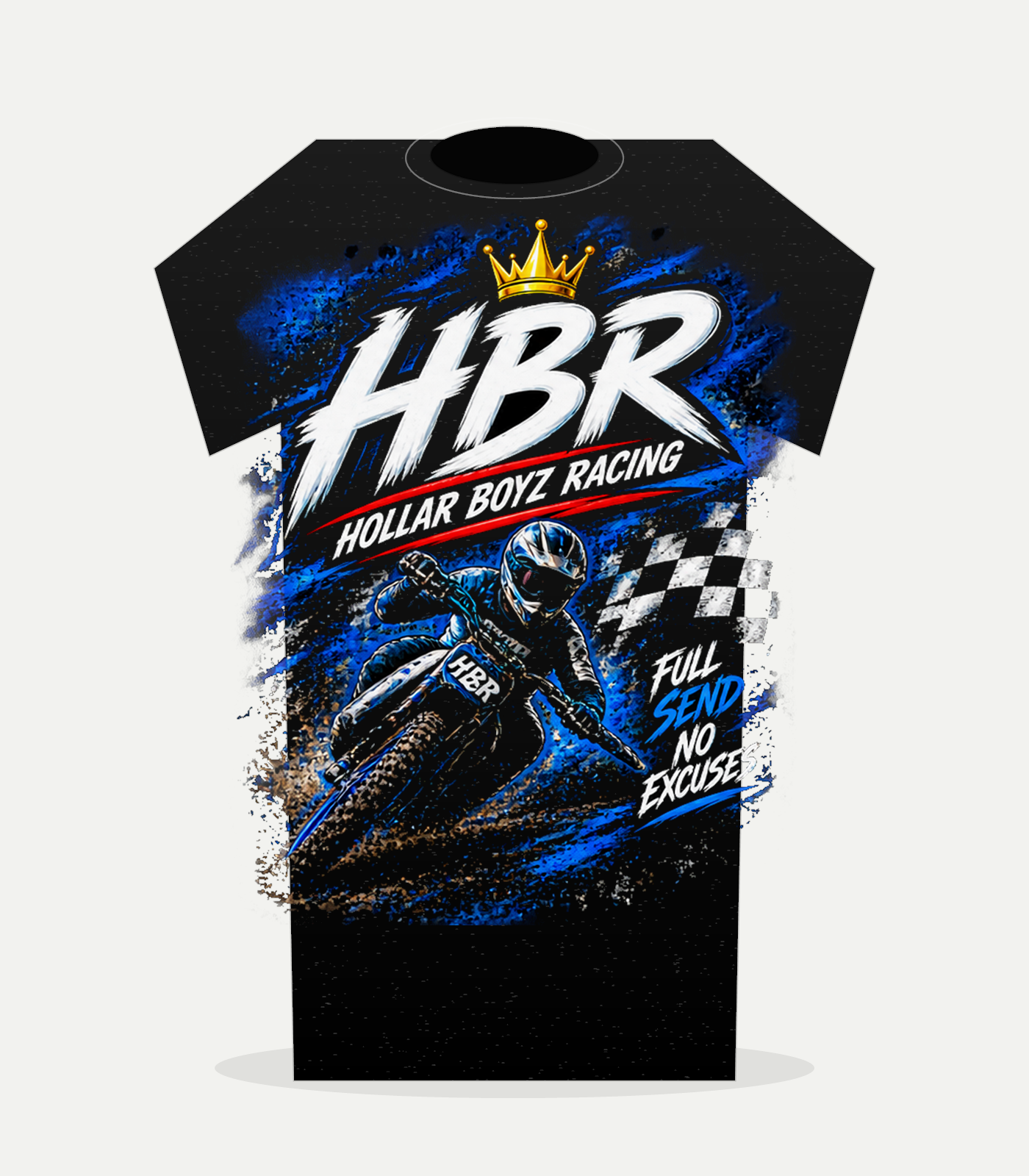 Back view of black HBR Base Brand tee with full Hollar Boyz Racing graphic