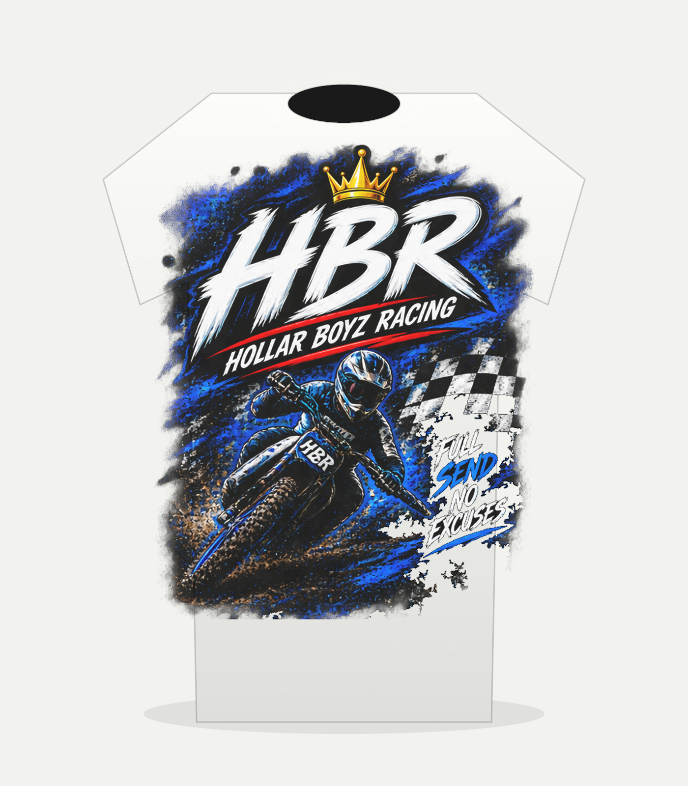 Back view of white HBR Base Brand tee with full Hollar Boyz Racing graphic