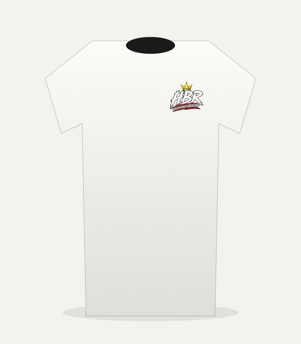 Front view of white HBR Base Brand tee with left-chest logo