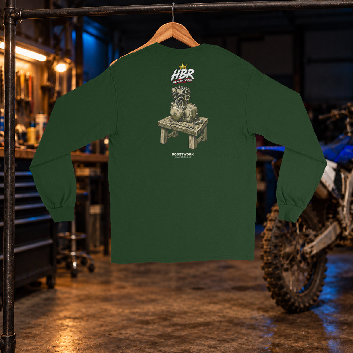 HBR Bench Built Long Sleeve — Forest Green back — original artwork on Gildan 2400 in HBR garage