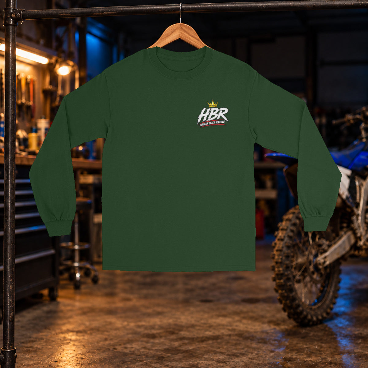 HBR Bench Built Long Sleeve — Forest Green front — original artwork on Gildan 2400 in HBR garage