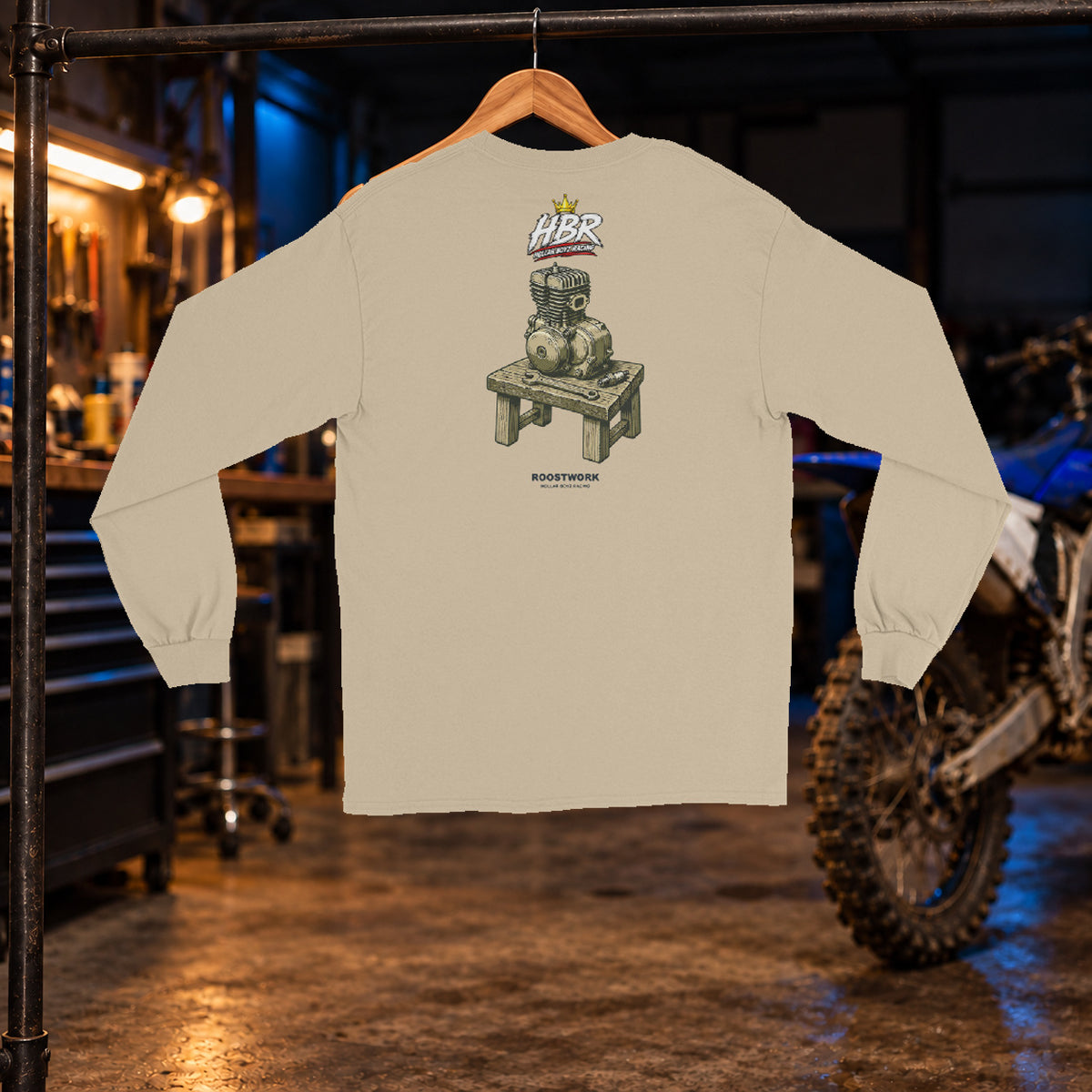 HBR Bench Built Long Sleeve — Sand back — original artwork on Gildan 2400 in HBR garage