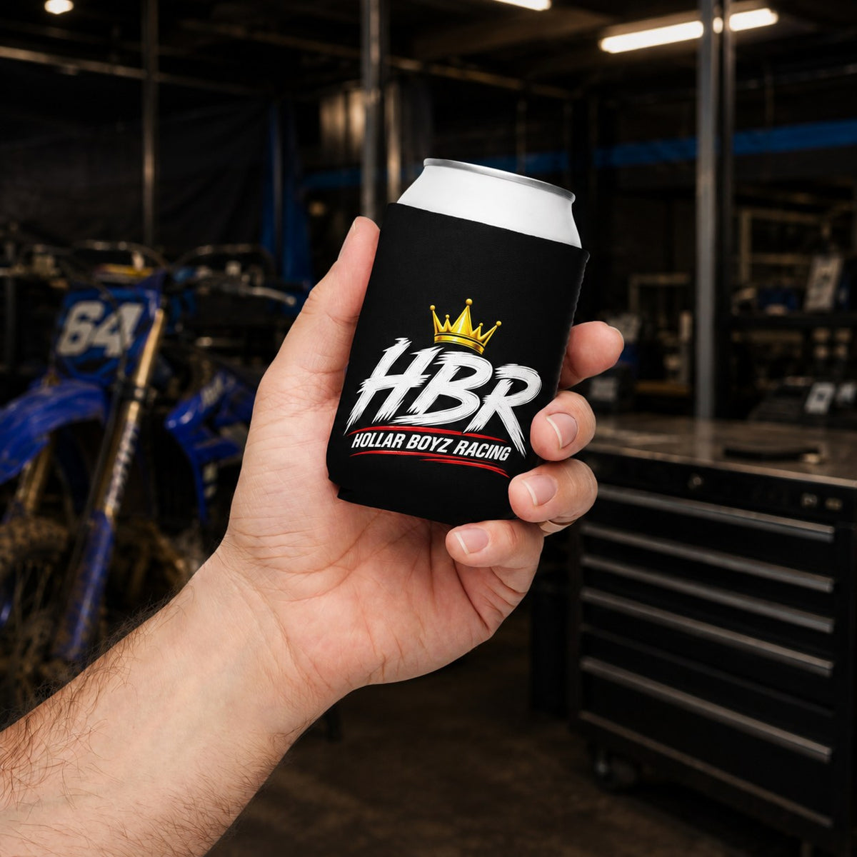 Hollar Built HBR Black Logo Can Cooler in a clean realistic HBR garage setting