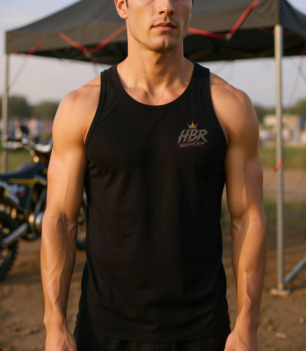 HBR black logo tank top in a photoreal race-shop setting