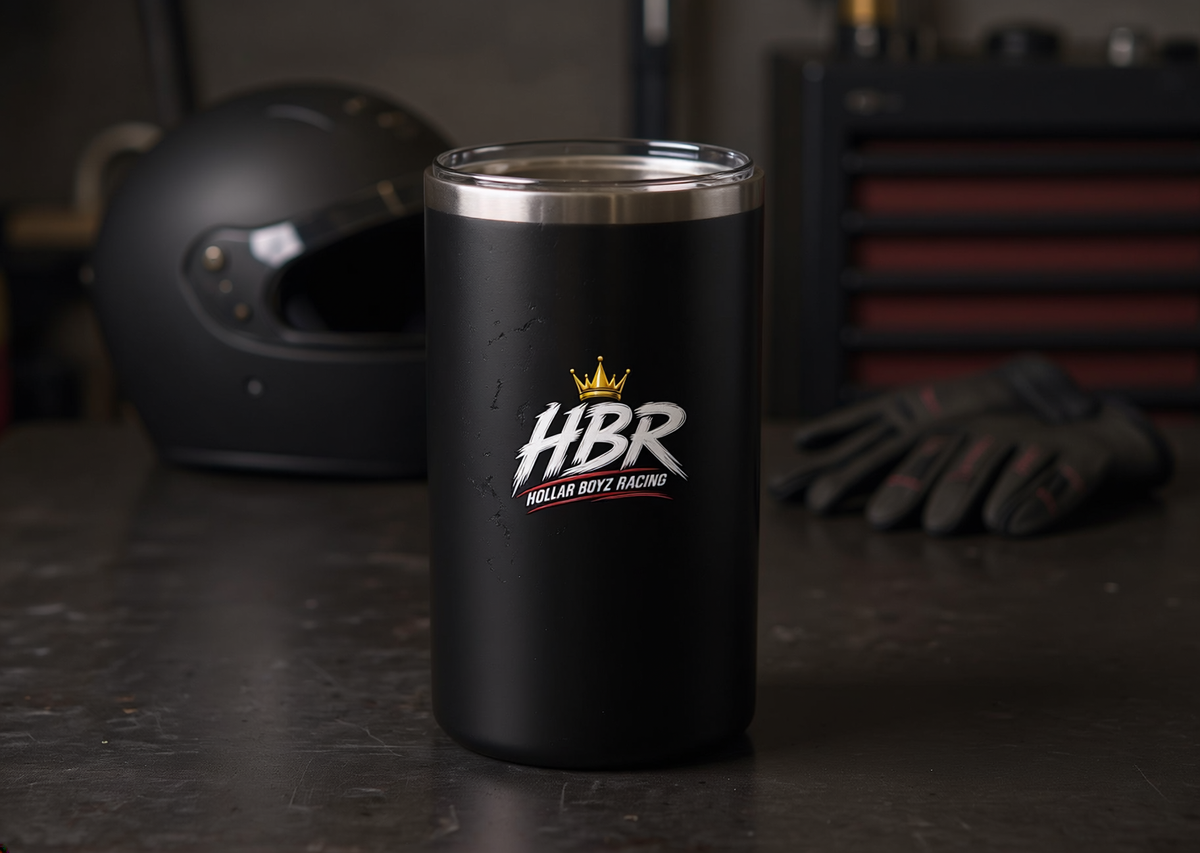 HBR black drink tumbler in a photoreal race-shop setting