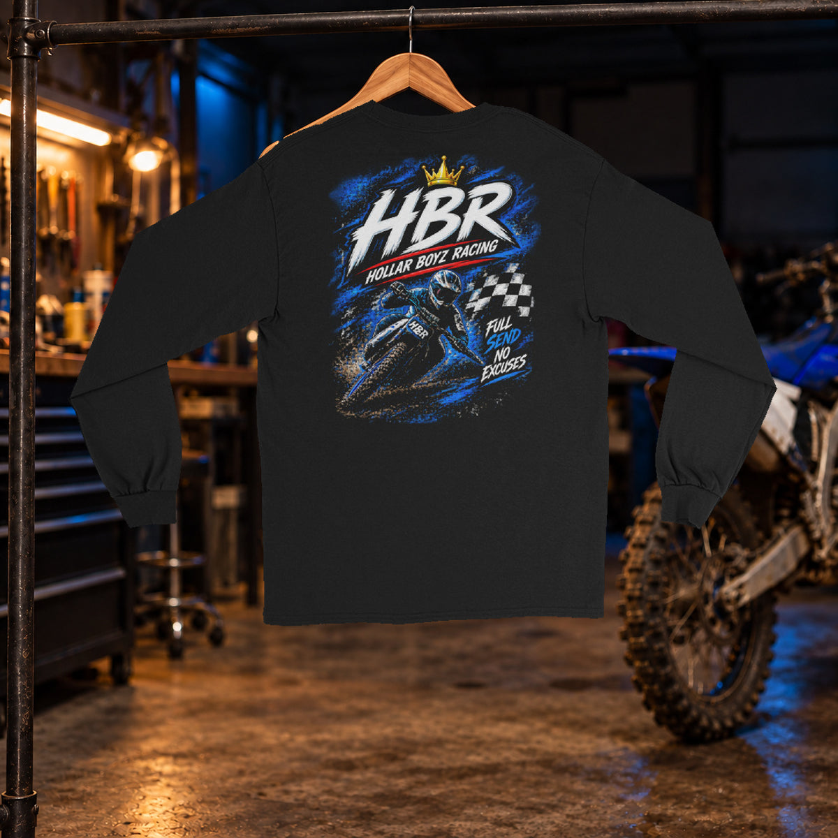 Hollar Built HBR Graphic Long Sleeve Black back — original artwork, garage hanger mockup