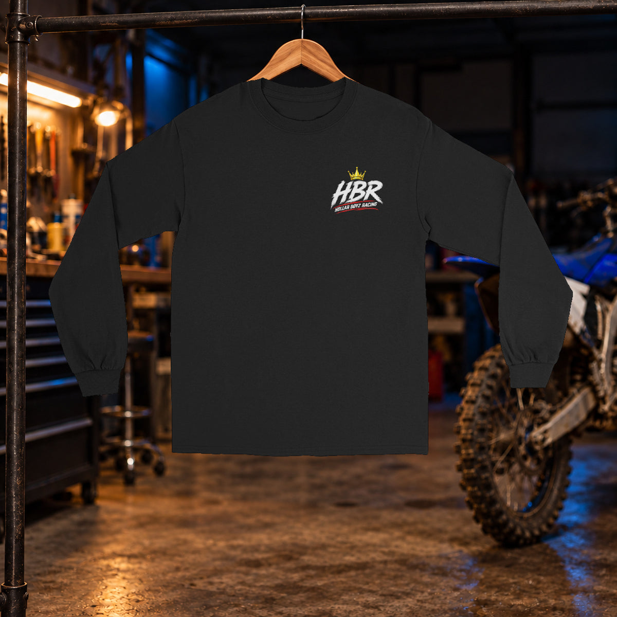 Hollar Built HBR Graphic Long Sleeve Black front — original artwork, garage hanger mockup