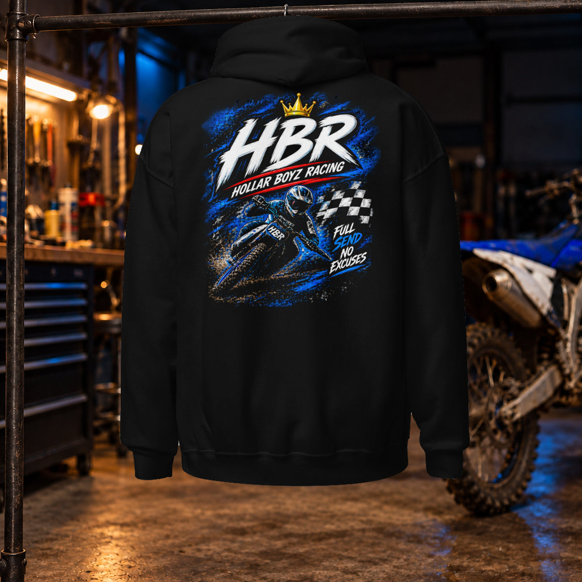 Hollar Built HBR Graphic Black Hoodie — Gildan 18500 back; original approved artwork, digital garage mockup, not a physical sample